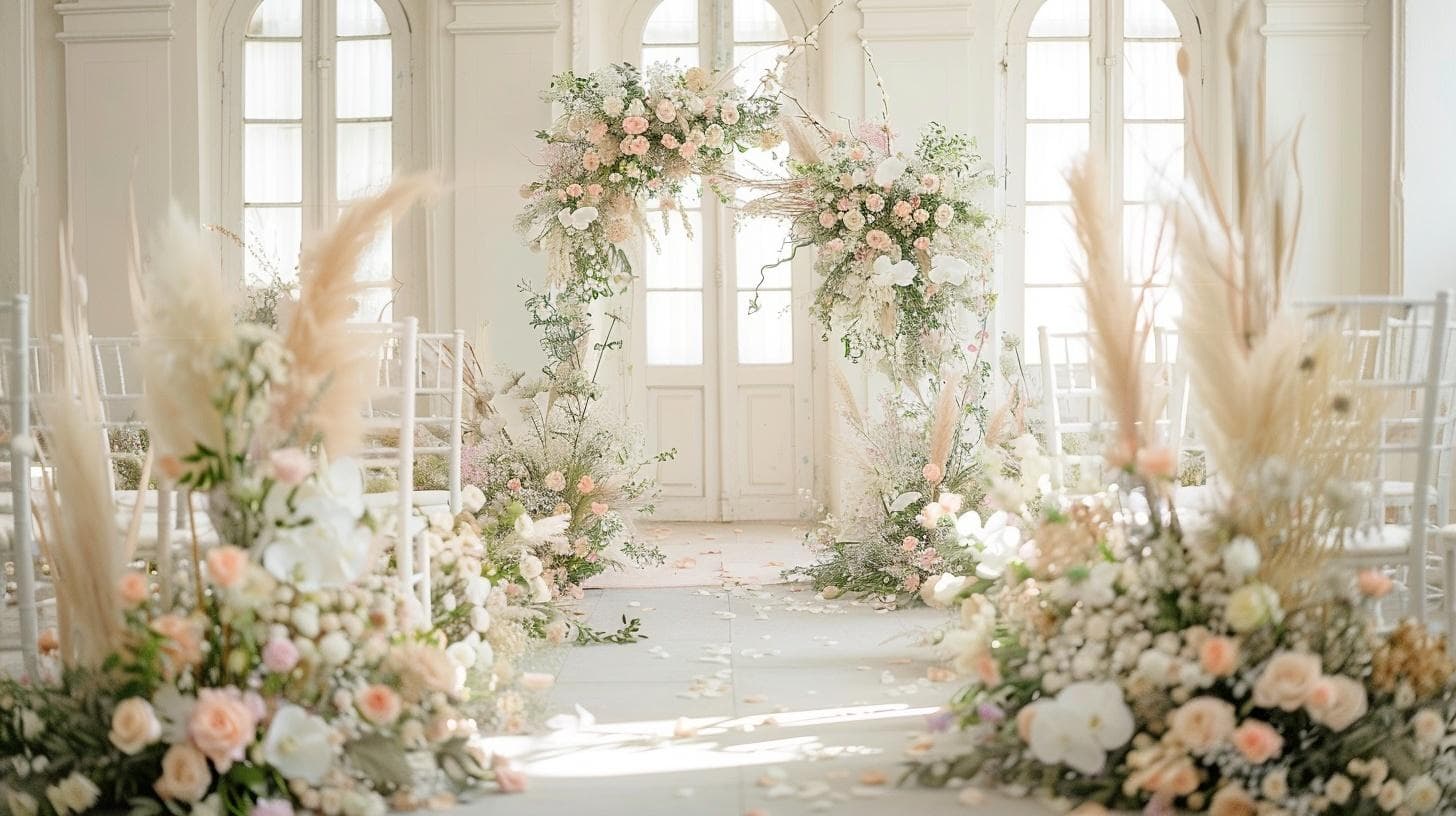 Arche de roses pêche et de pampa au fond d'un salon blanc, allée bordée de chaises blanches