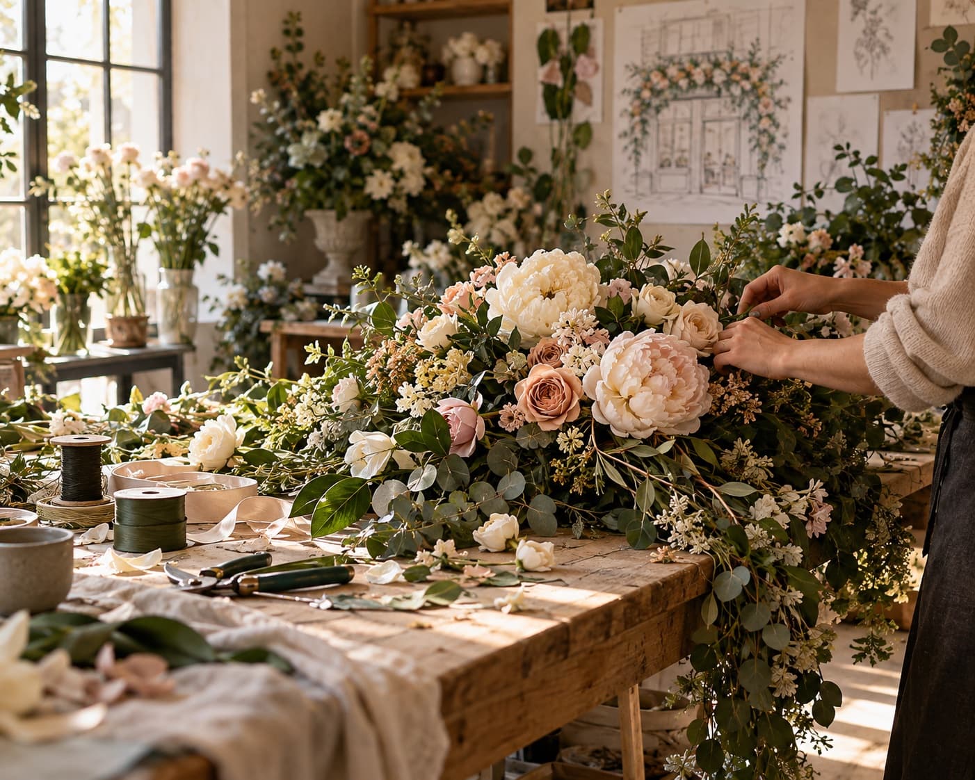 Mains d'une fleuriste assemblant une composition de fleurs de soie à l'atelier