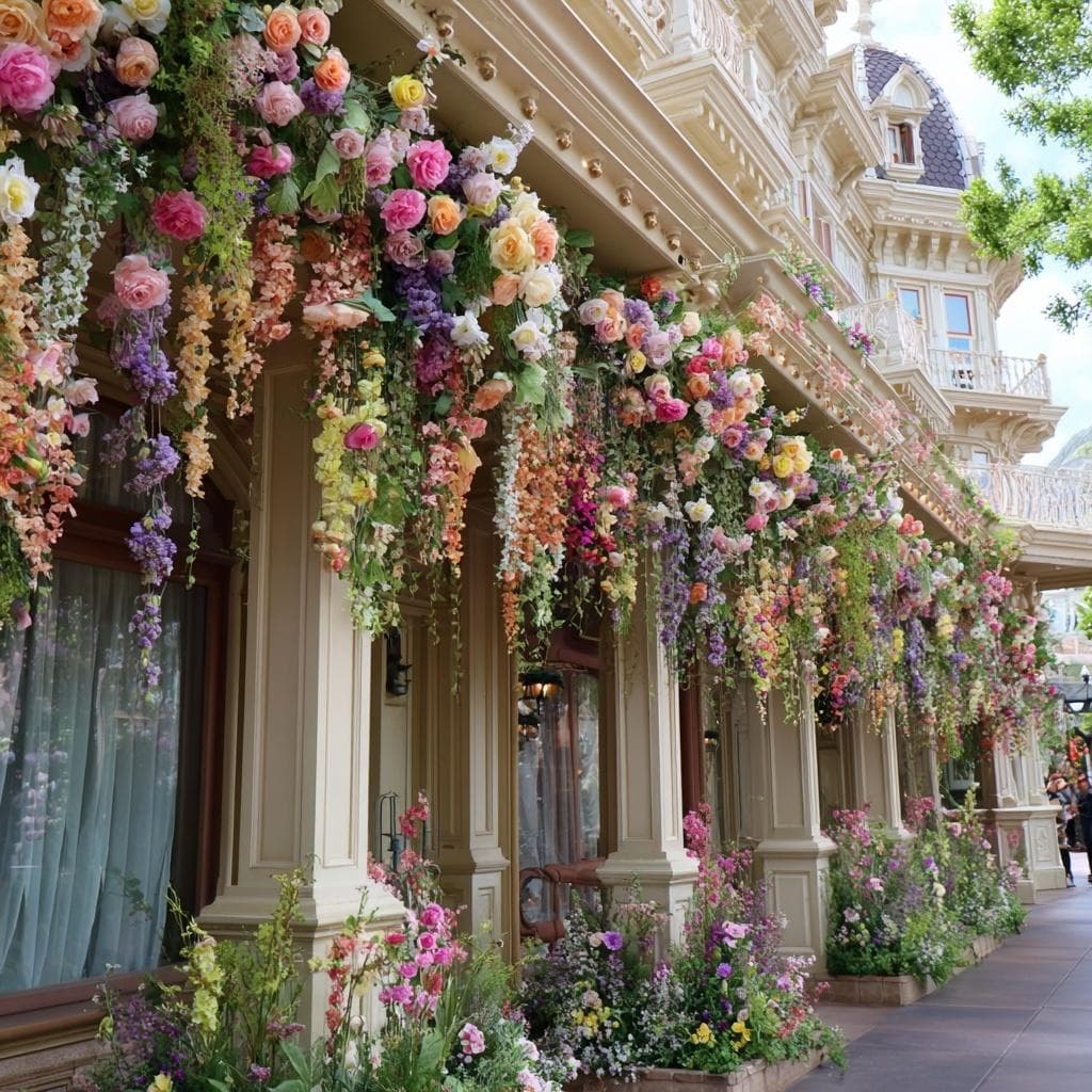 Colonnade crème sous une cascade de roses pastel et de glycines, jardinières fleuries au pied des colonnes