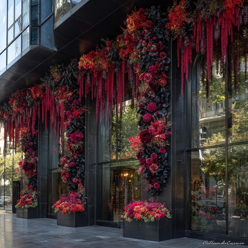Façade noire et vitrée habillée de colonnes de roses rouges et d'amarantes retombantes