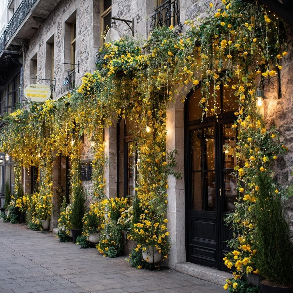 Façade de pierre ancienne et porte noire cintrée sous une cascade de fleurs jaunes et de guirlandes lumineuses