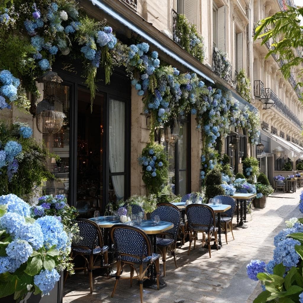 Terrasse de café parisienne aux chaises en rotin bleu marine, sous une devanture couverte d'hortensias bleus