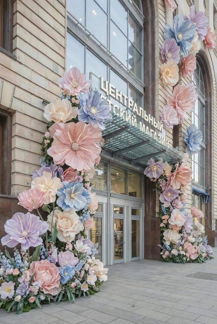 Fleurs géantes pastel, roses, bleues et crème, grimpant autour de l'entrée vitrée d'un grand magasin