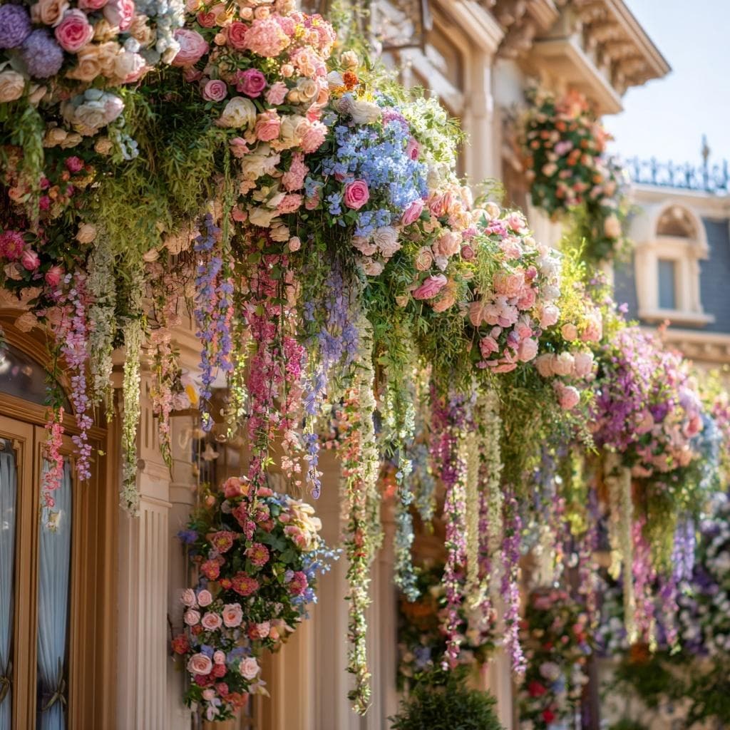 Cascade de roses pastel, de glycines et d'hortensias bleus retombant d'un balcon de façade haussmannienne