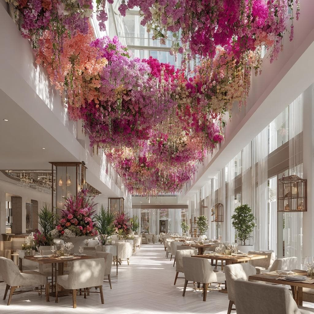 plafond fleuri au-dessus des tables