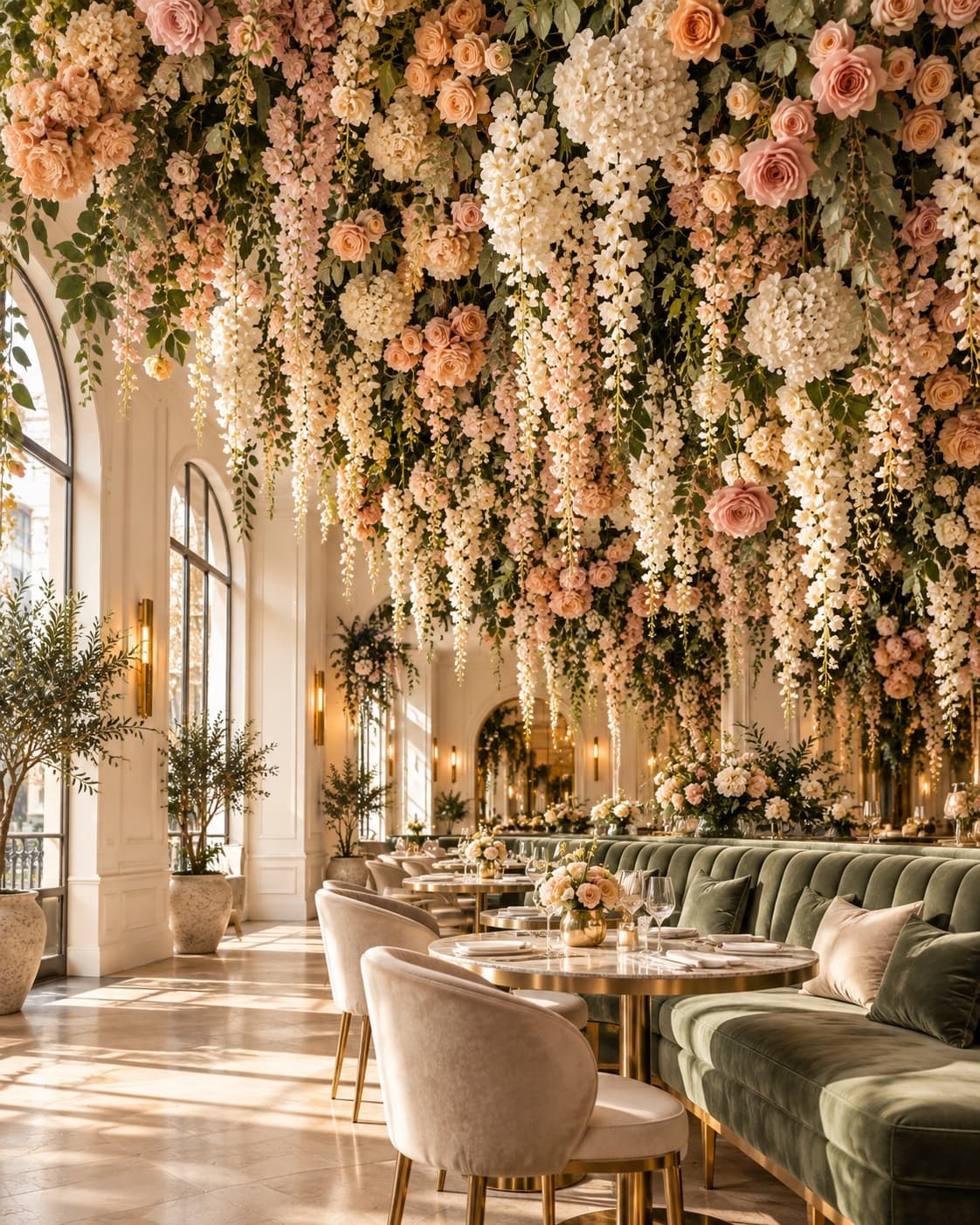 Salle de réception ponctuée d'arbres et de massifs de feuillages, tables dressées devant un mur de briques