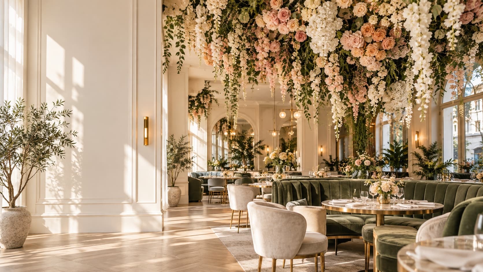 Salle de réception ponctuée d'arbres et de massifs de feuillages, tables dressées devant un mur de briques