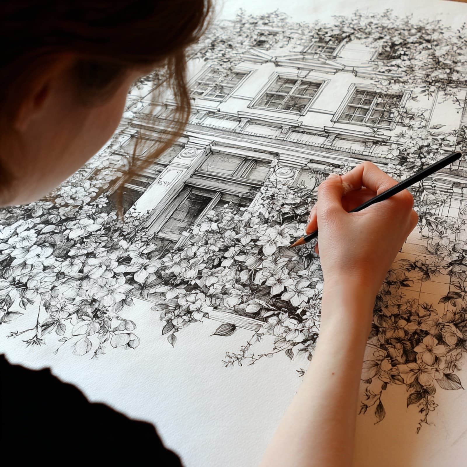 Architecte florale dessinant au crayon une façade fleurie, penchée sur sa planche