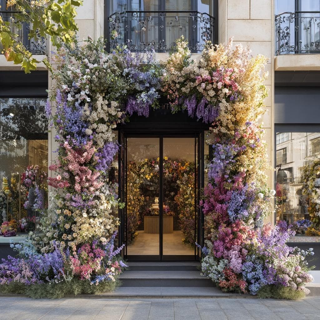 Entrée de boutique à porte noire encadrée d'une arche de fleurs lilas, roses et crème